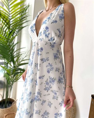 Sırt İp Bağlama Çiçek Desen Elbise - Mavi
