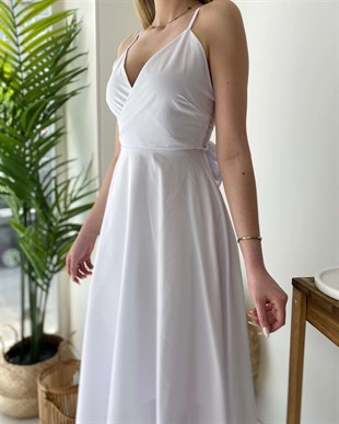 Sırt İp Fiyonk Elbise - Beyaz