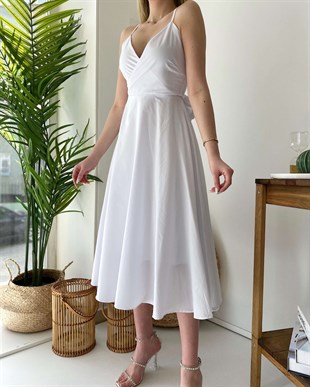 Sırt İp Fiyonk Elbise - Beyaz