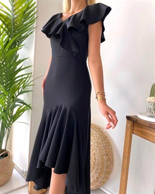 Siyah Fırfır Yaka Düz Uzun Kadın Elbise
