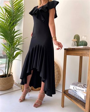 Siyah Fırfır Yaka Düz Uzun Kadın Elbise