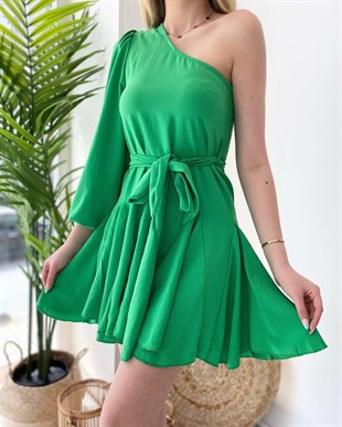 Tek Kol Bel Kemerli Elbise - Yeşil