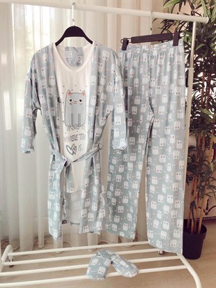 Terlikli Baykuş Desen Pijama Takımı