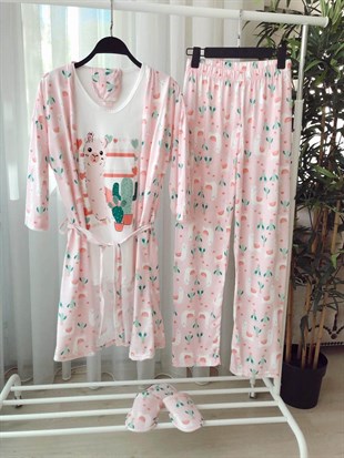 Terlikli Kaktüs Desen Pijama Takımı