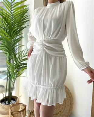 Uzun Kollu Dik Yaka Tasarım Elbise - Beyaz