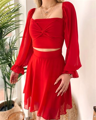 Uzun Kollu Şifon Eveline Elbise - Kırmızı