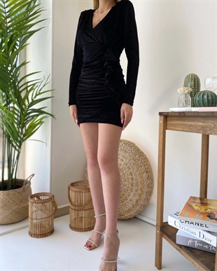 V Yaka Amber Elbise - Siyah