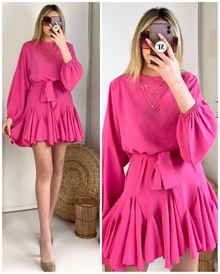 Vatkalı Volanlı 3 Renk Elbise - Pembe