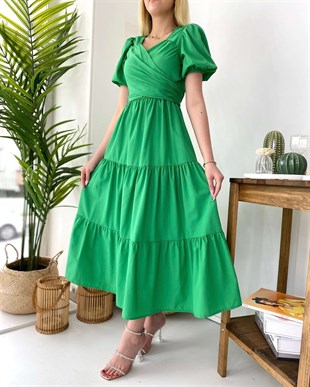 Yakası Bağlama Detay Karpuz Kol Elbise - Yeşil