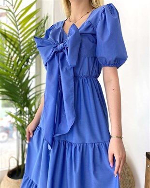 Yakası Bağlama Detay Karpuz Kol Elbise - Mavi