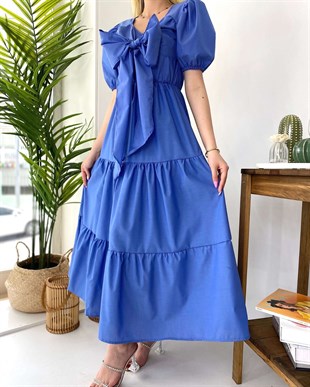 Yakası Bağlama Detay Karpuz Kol Elbise - Mavi