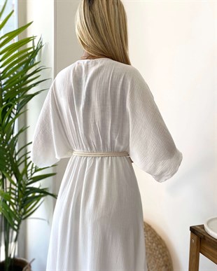 Yarasa Kol Kruvaze Bel Lastik Elbise-Beyaz