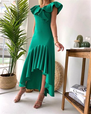 Yeşil Fırfır Yaka Düz Uzun Kadın Elbise