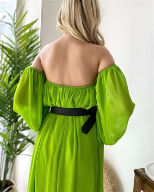 Yeşil Straplez Düz Uzun Kol Kadın Elbise