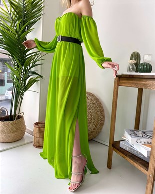 Yeşil Straplez Düz Uzun Kol Kadın Elbise