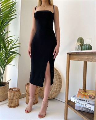 Yırtmaçlı Degaje Yaka Midi Elbise - Siyah