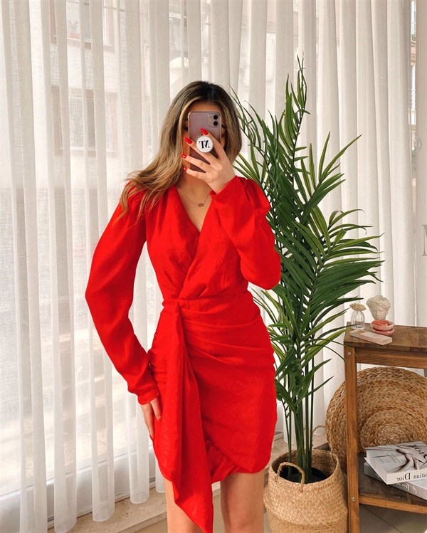 Uzun Kollu Delta Elbise - Kırmızı
