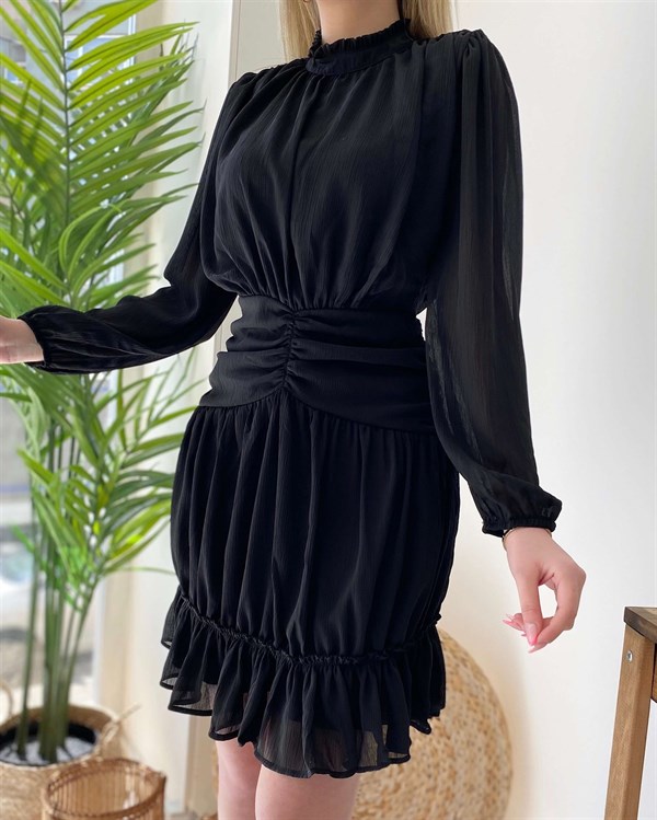 Uzun Kollu Dik Yaka Tasarım Elbise - Siyah