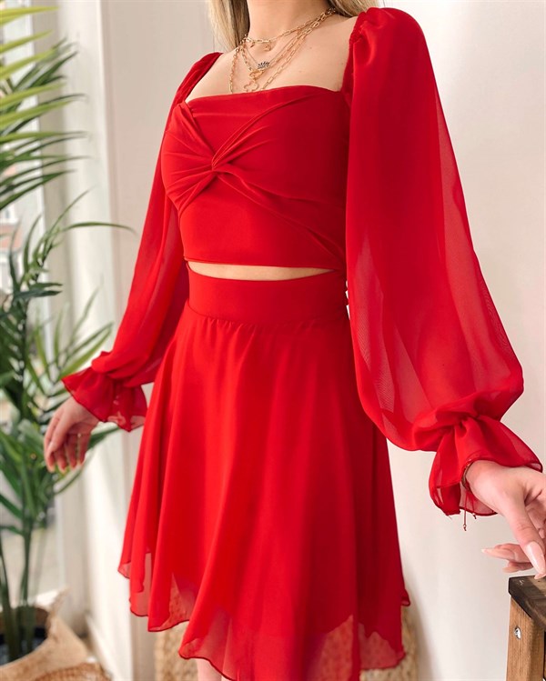 Uzun Kollu Şifon Eveline Elbise - Kırmızı